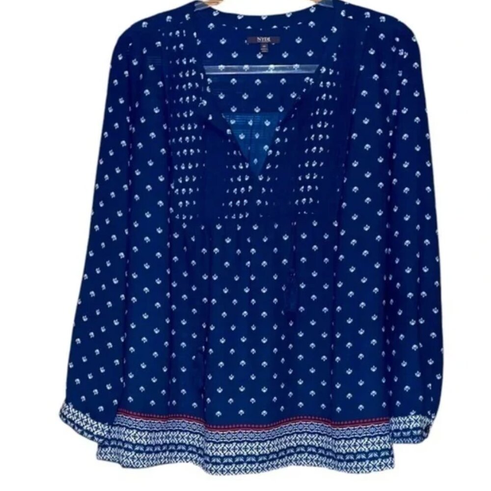 NYDJ Floral Print Blouse – Blue & White – Tassel Detail – Size L